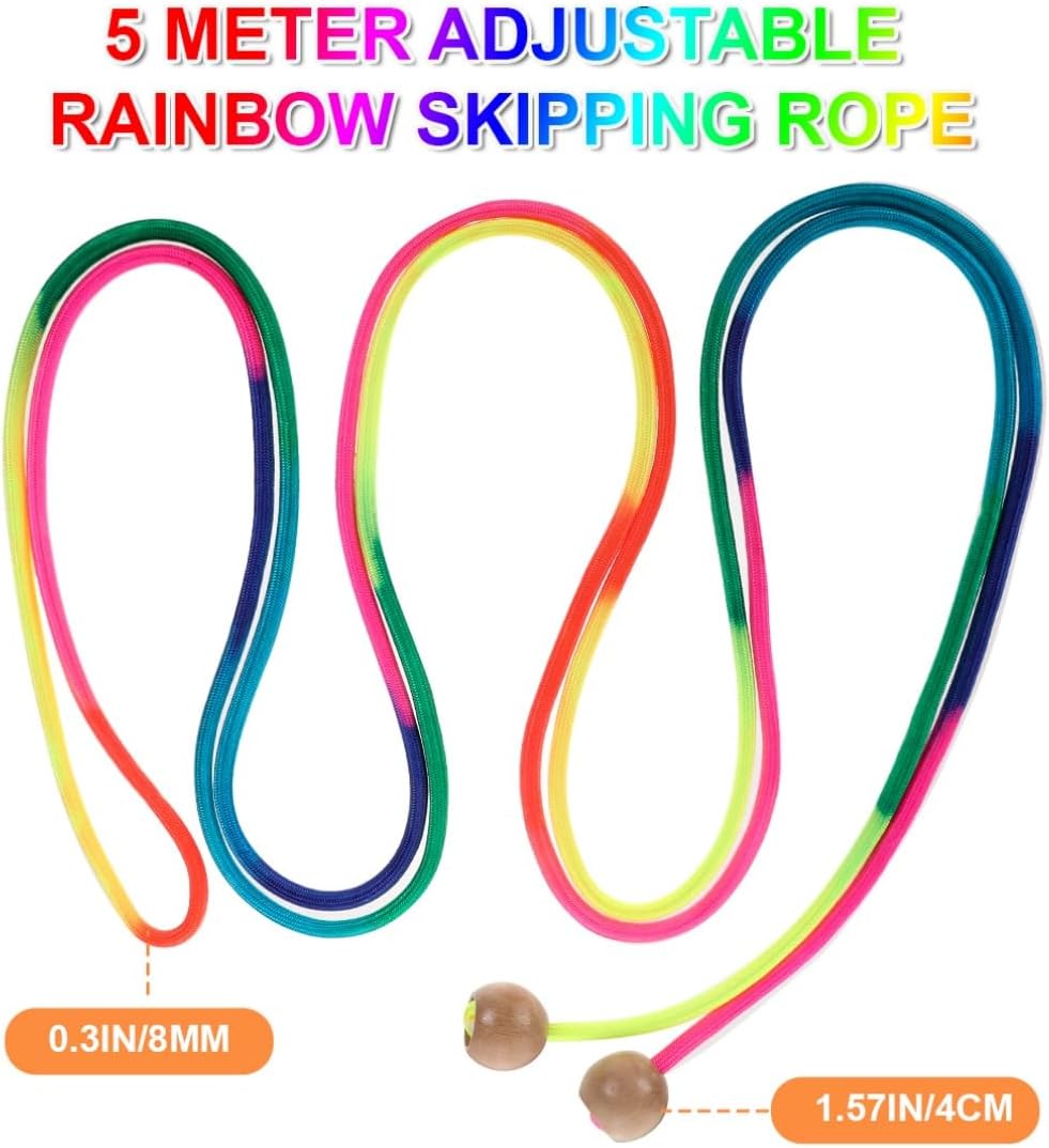 Long Jump Rope for Kids 16 FT Adjustable Skipping Rope Multiplayer Rainbow Jumping Rope with Wooden Ball Handle for School and Outdoor Activities