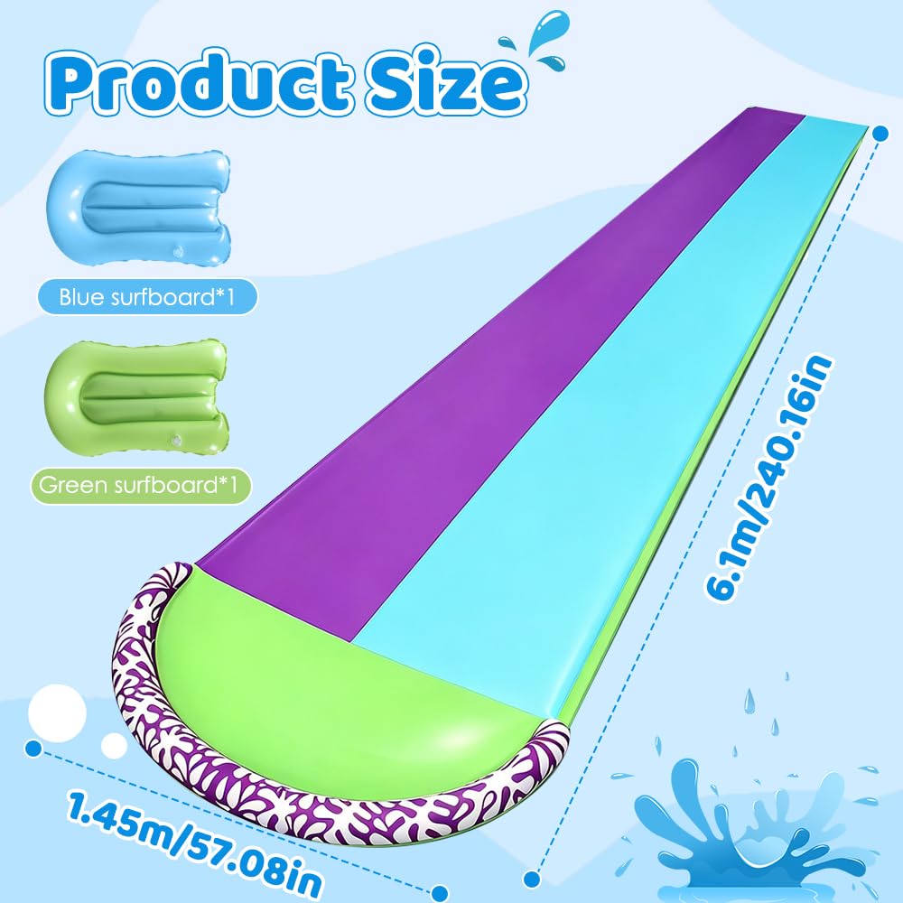 Wasserrutsche Garten, 6,1 * 1,4M Doppel Wasserrutschmatte, Wasserspielzeug Outdoor mit 2 Surfboard, Rasen Wasserrutsche Rutschmatte mit Sprinkler, Wasserbahn Duell für Garten Rasen