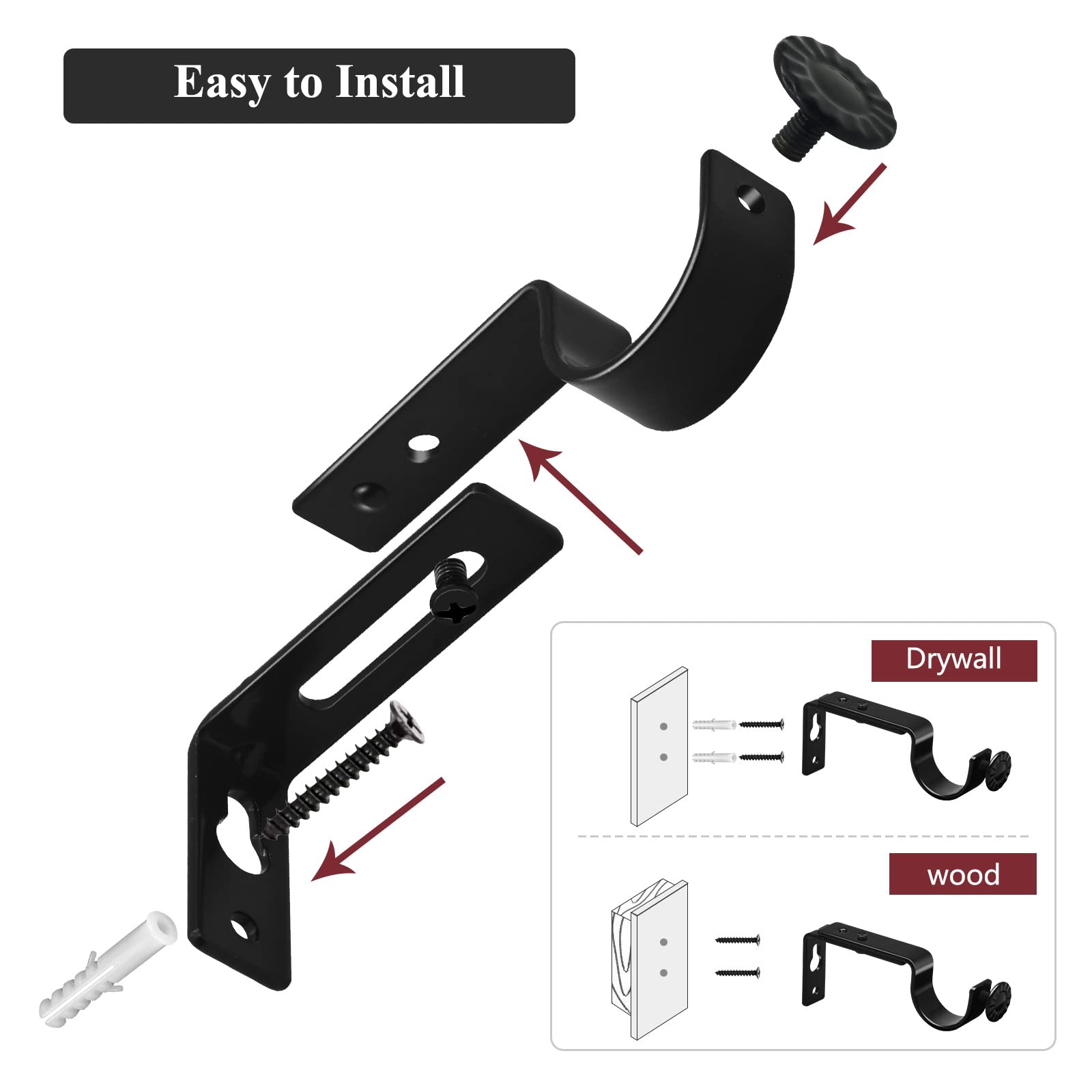 Snapklik.com : Adjustable Curtain Rod Bracket - 1 Inch Black Heavy Duty ...