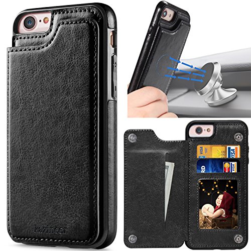 kazineer iPhone 6 Case, iPhone 6S Case, Black Leather Slim Back Cover with Credit Card Holder Protective Case [Compatible with Magnetic car Mount] for Apple iPhone 6 / iPhone 6S Cover