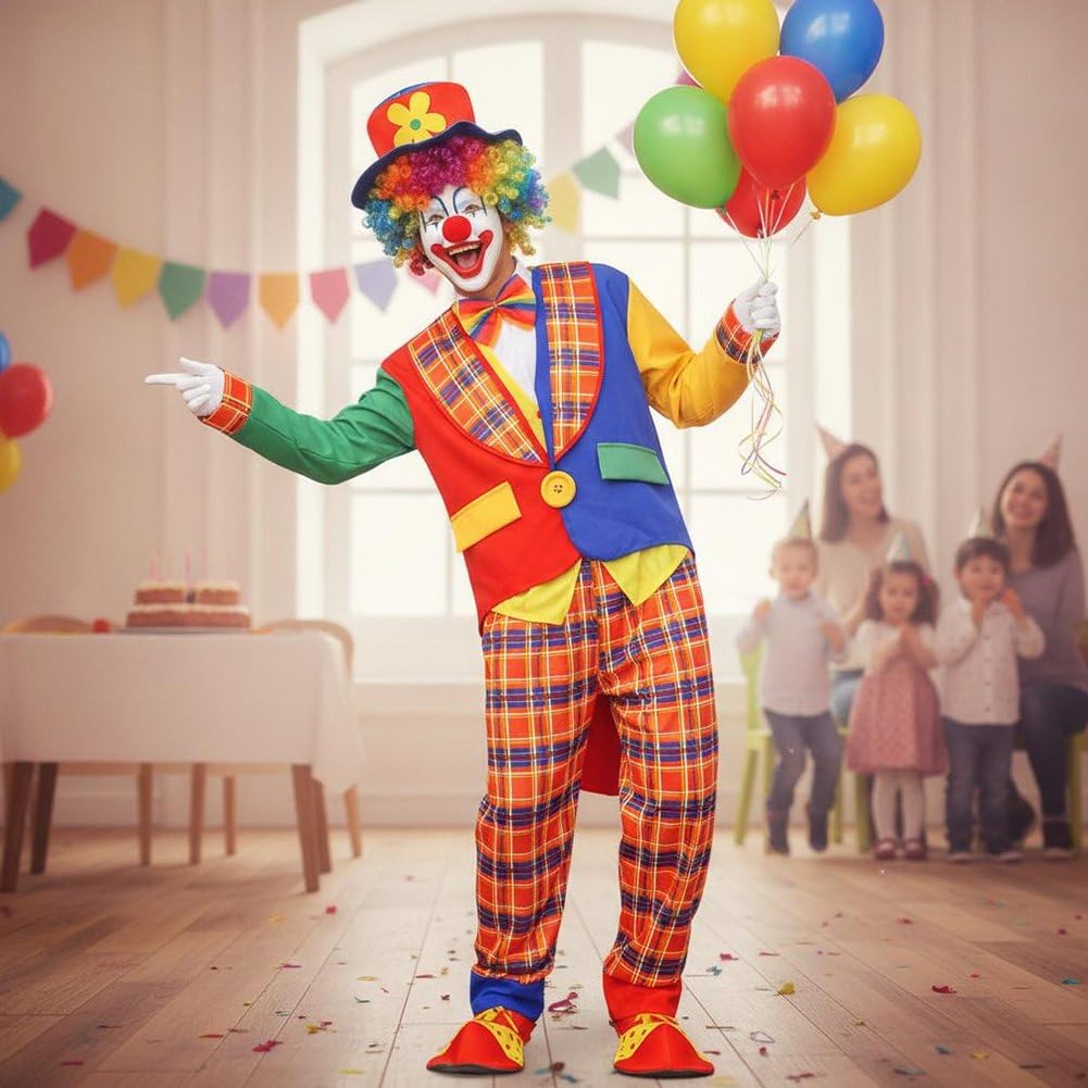 1 Set di Costume Clown Circo per Adulti, Completo di Parrucca, Maschera, Borsa, Scarpe E Guanti. Divertente Costume Clown per Travestirsi.