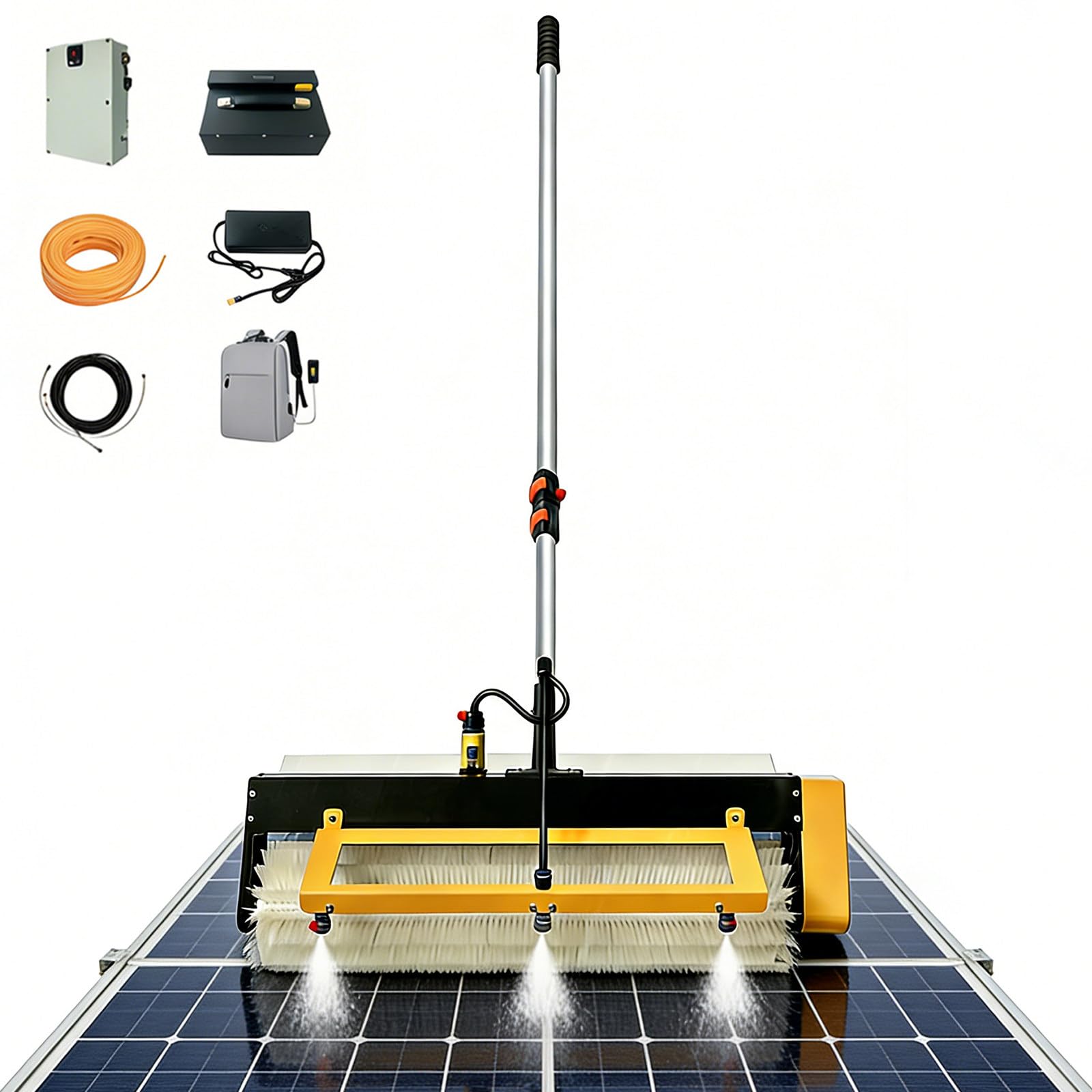 Limpieza Placas Solares Cepillo – Motor Sin Escobillas de 150W, Cabezal Rotatorio de 380RPM, Cobertura de 60CM, Limpiador de Alta Resistencia para Paneles Solares con Mango Extensible Cordless-10M