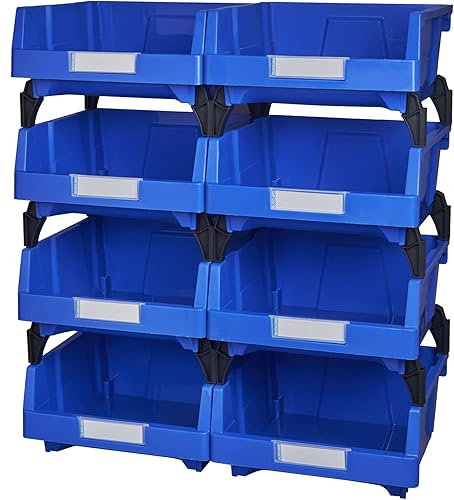 Organizador de herramientas, estantes de almacenamiento de piezas, grandes y apilables, contenedores de almacenamiento de garaje (azul, paquete de 8)
