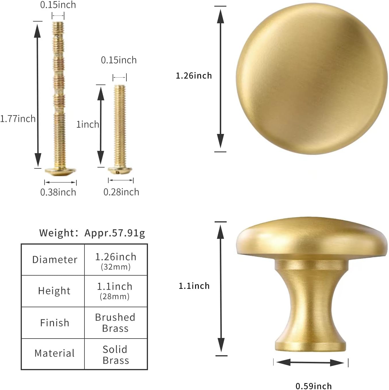 SALISENG- 5 Pack Brushed Brass Cabinet Drawer Knobs, Round Gold Door Pulls for Cupboard Wardrobe, 1.26-Inch Diameter, Furniture Hardware Handles for Kitchen Bathroom(Caritina)