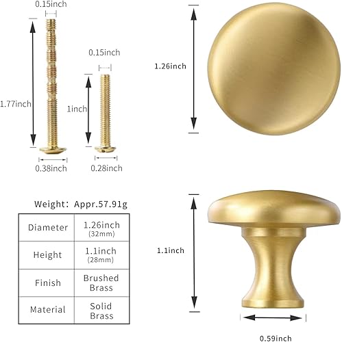 Miniatura 8 de Pomo de latón macizo dorado para gabinete, paquete de 6 tiradores redondos para cajones de aparador, 1.26 pulgadas, manijas de gabinete de baño,