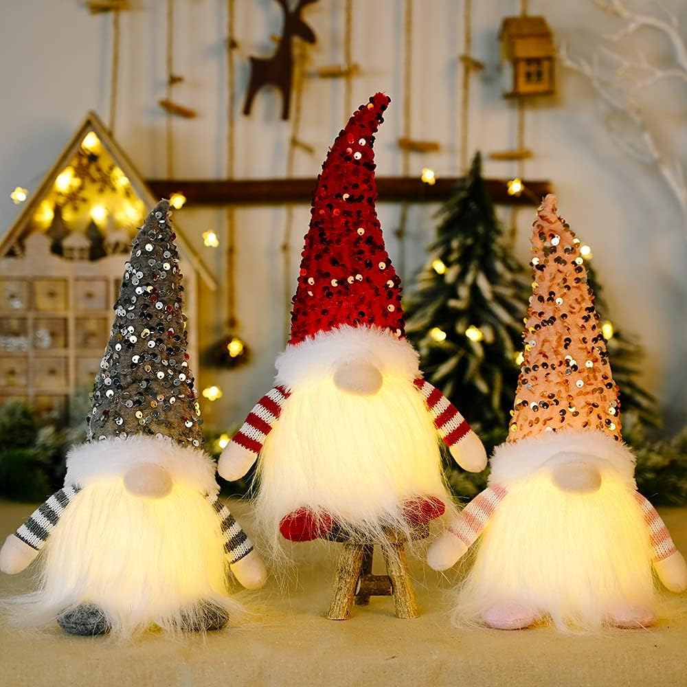 ABIN Christmas Light Up Gnome Decorations, Christmas Gonks With Light, Handmade Swedish Santa Gnomes Doll Lights, Christmas Gonk Ornaments for Indoor Decoration Holiday Decor (3PCS)