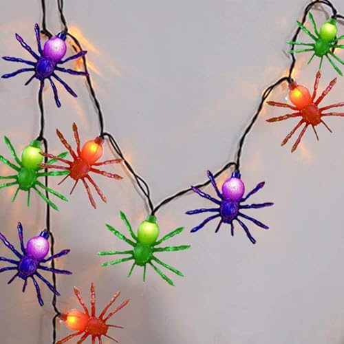 Guirnalda de luces de araña de Halloween para exteriores, 8.5 pies, cadena de luces colgantes de Halloween con 10 luces LED de araña multicolor,