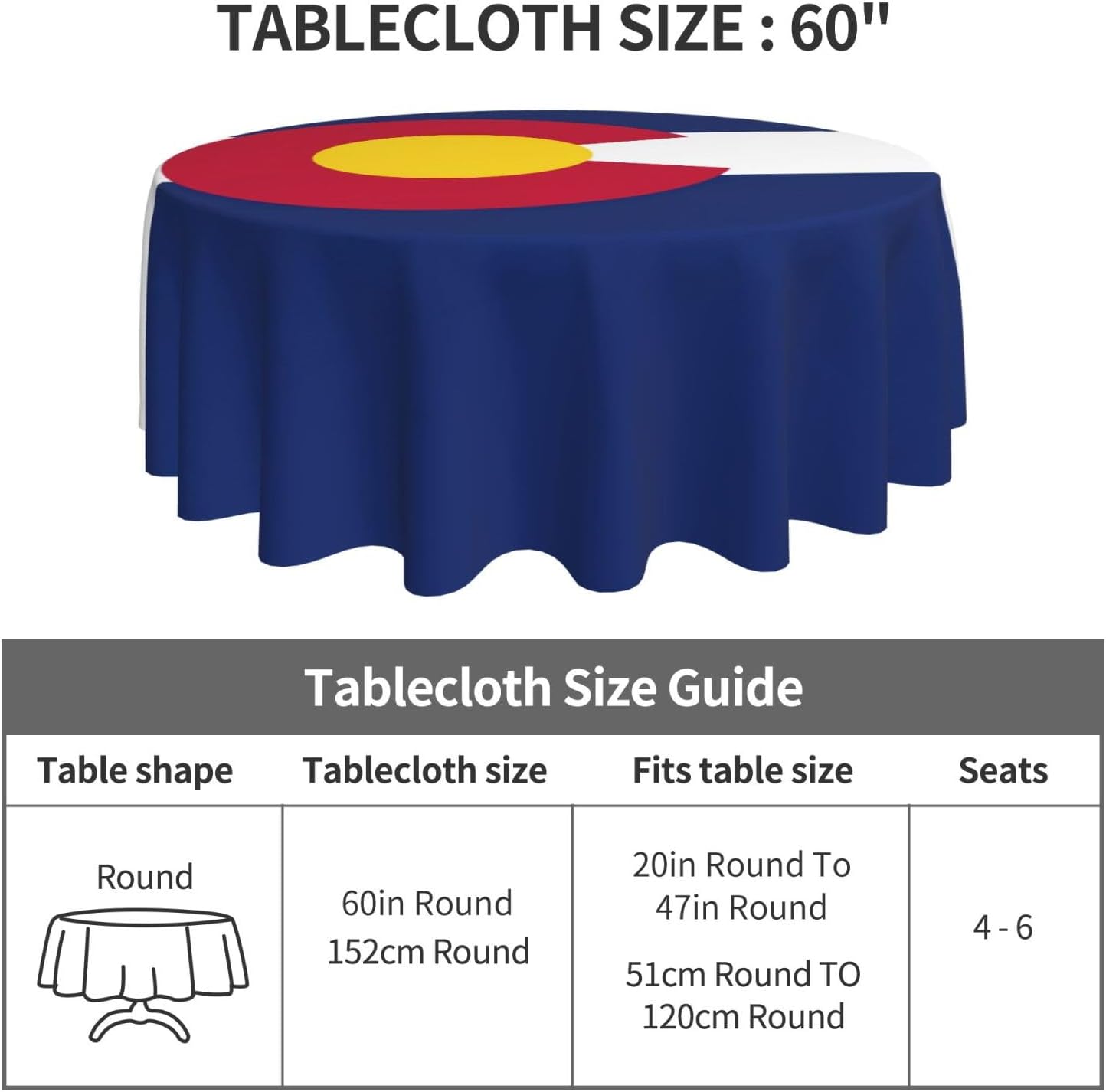 Colorado Flag Print Wrinkle Free Dining Table Cover for Birthday Party Farmhouse Tablecloths Up to 60 x 60 Inches