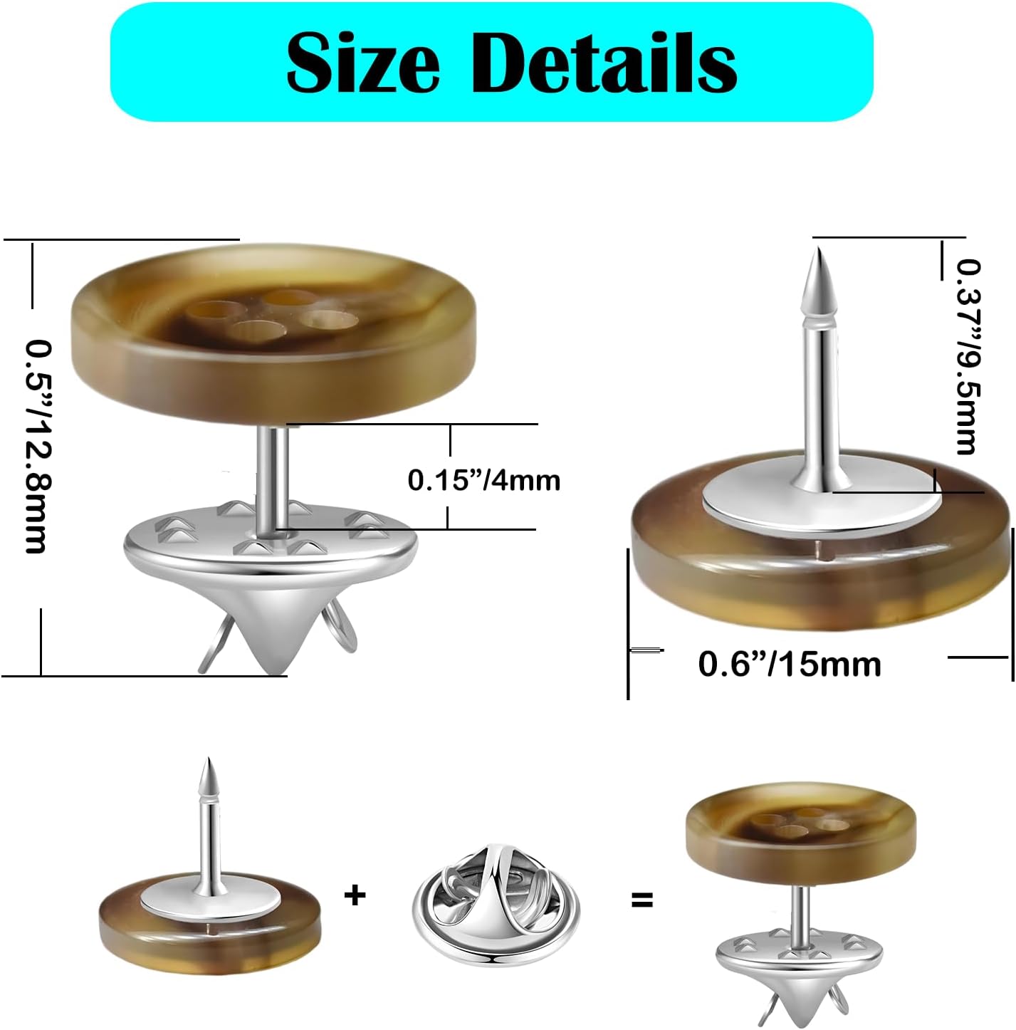 ZLMCUJE 10 Sets 15mm(3/5") 4-Hole Coffee Resin Button,Safety Pins,No Sewing,No Tool,Reusable for Clothes(Shirts,Cardigans,Pants,ect.) DIY Crafts image 3