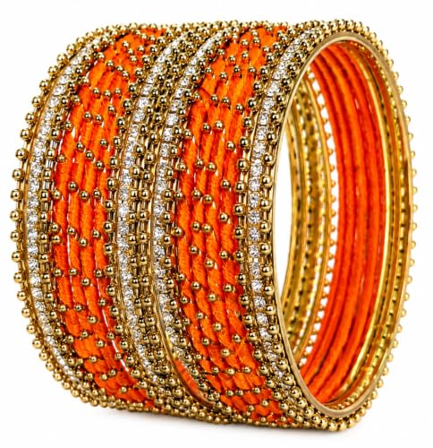 Image of NMII Non-Precious Metal with Base Metal and Zircon Gemstone Studded Ball Chain Linked Glossy Finished Silk thread Bangle set for Women and Girls