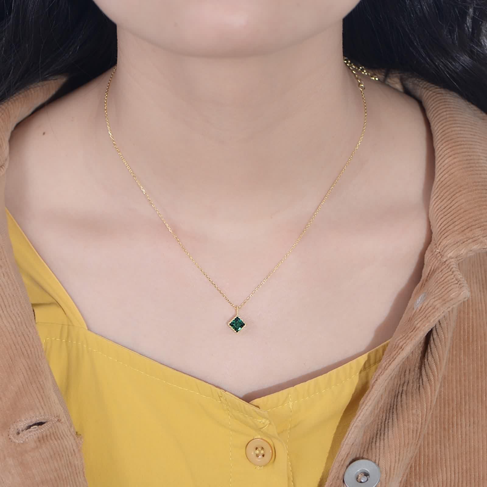 Collane Donna Oro, Collana con Ciondolo Lungo Verde Smeraldo Creato In Laboratorio Catenina Gioielli Vero Oro Giallo 9K/14K/18K Elegante 40+5cm