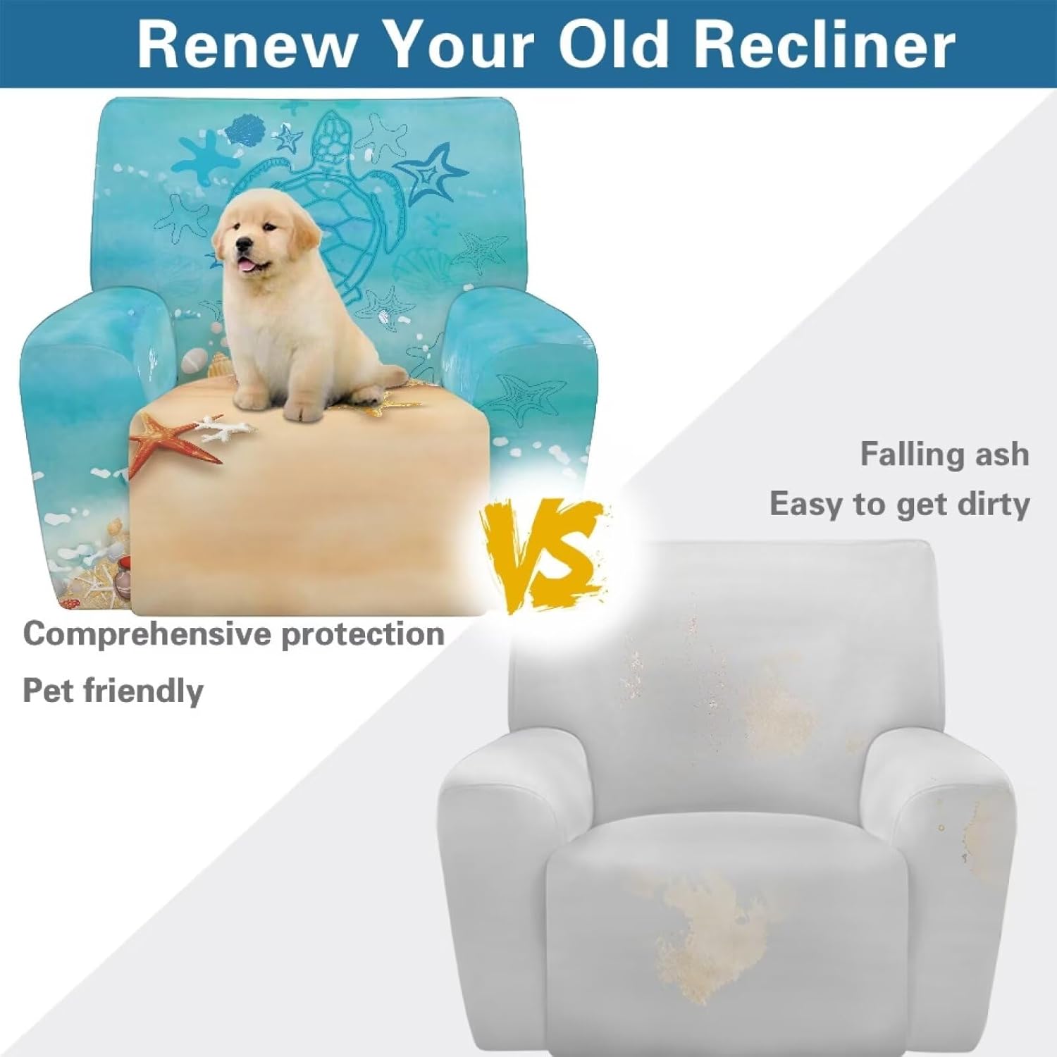 4 Piece Recliner Sofa Cover Single Turtle Starfish Furniture Slipcover for Living Room Chairs Light Blue Recliner Chair Cover with Pockets