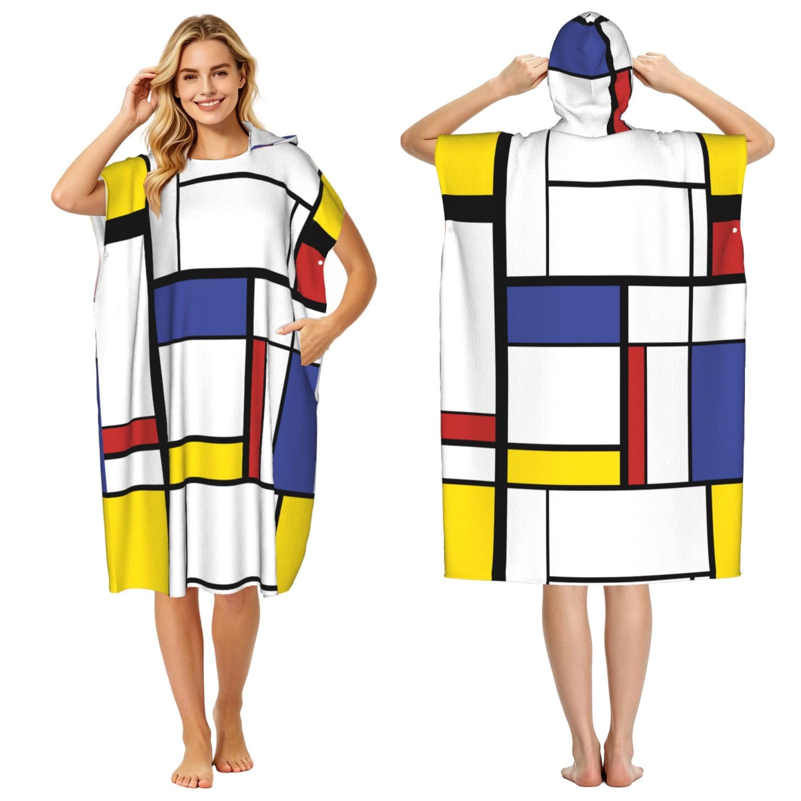 Poadnly Print Mondrian Style Painting, Adult Hooded Beach Towel 90 x 110 cm,Changing Bath Robe, Surf Poncho Towel For Women Men