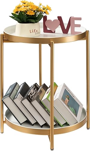Miniatura 12 de TeoKJ Mesa auxiliar redonda de 2 niveles, mesa auxiliar redonda plegable de metal, mesita de noche pequeña con dos bandejas extraíbles para Gris