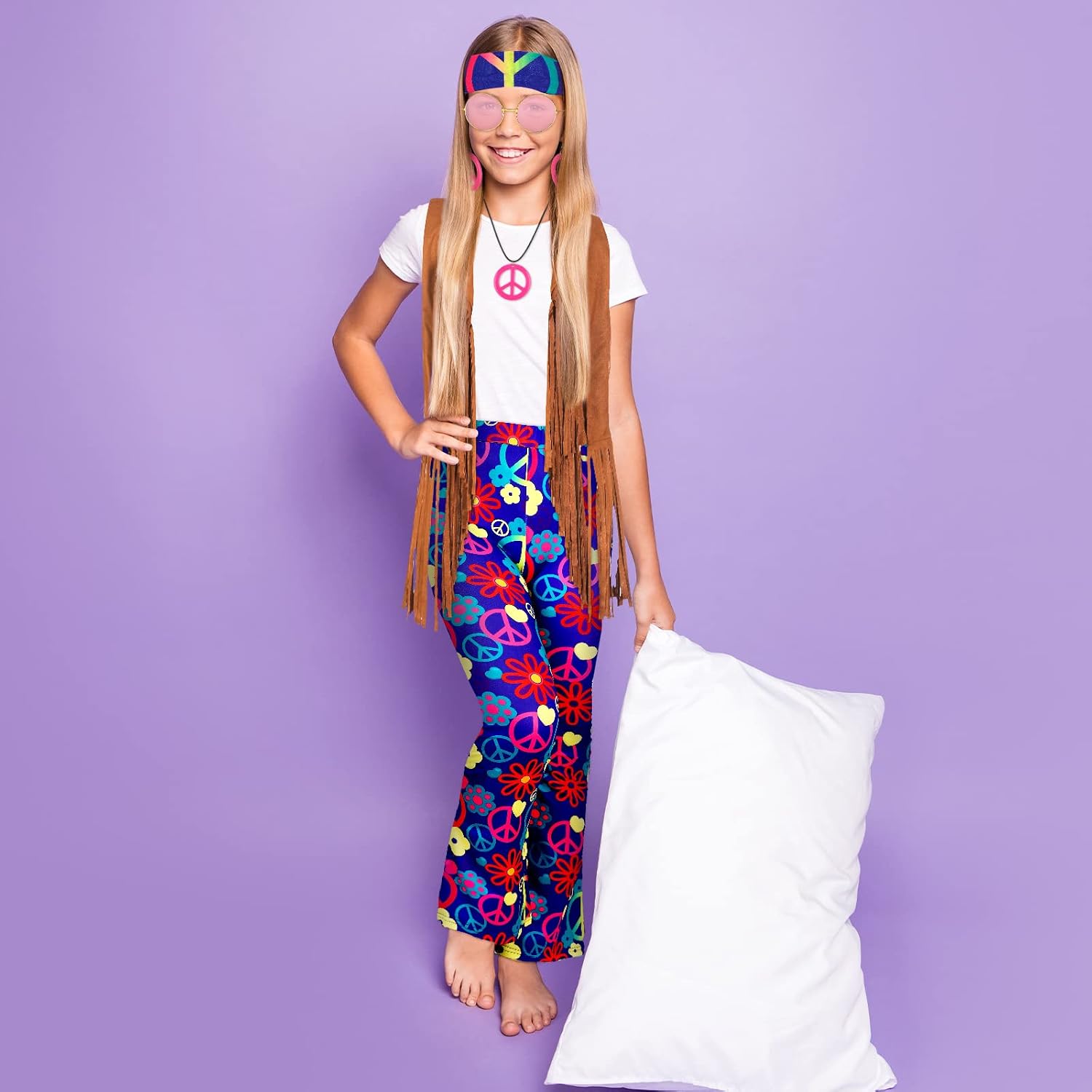 Jenaai 7 Pcs Kids 60s 70s Hippie Outfits for Girls Costume Set Boho Flared Pants Hippie Outfits Accessories Set