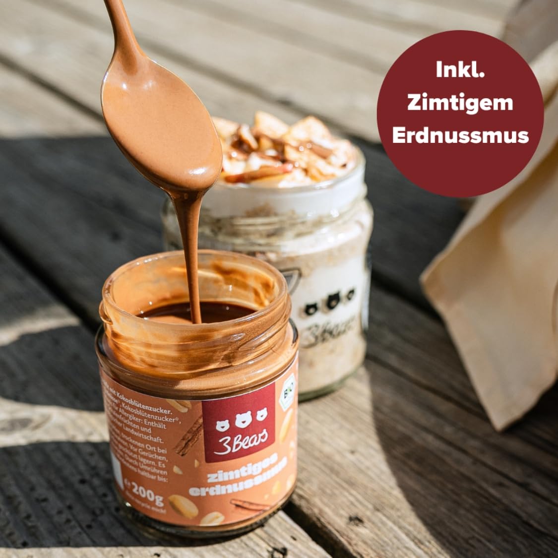 3Bears Overnight Oats Meal Prep Set – Cozy Edition 7x400g inkl. Glas und Erdnussmus - veganer Vollkorn-Hafer in verschiedenen herbstlichen Sorten - schnelles Meal Prep
