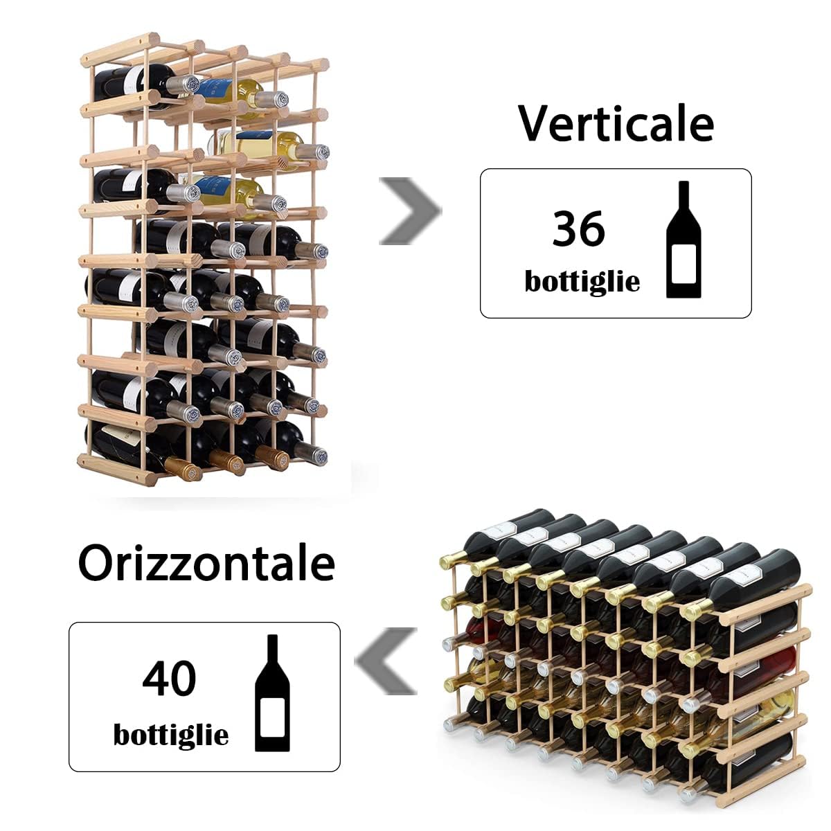 RELAX4LIFE Cantinetta Portabottiglie per Vino, Design Impilabile ed Espandibile, 40 Bottiglie, 2 Modi di Presentazione, Legno Massello di Pino, 85 x 44 x 24 cm