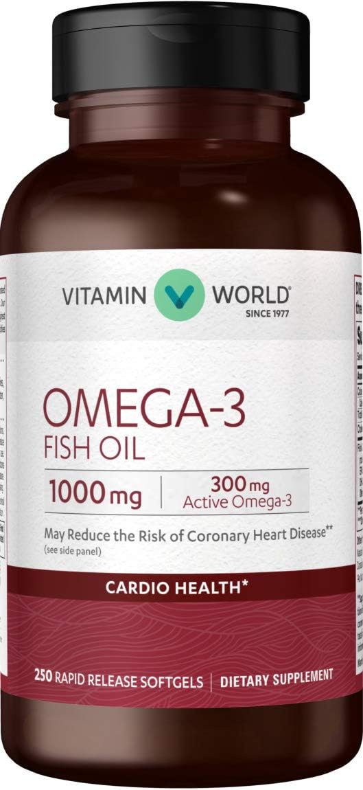 Vitamin World Omega-3 Fish Oil 1000 mg. 250 Softgels, EPA DHA, Heart Health, Cardio Support, Rapid-Release, Gluten Free
