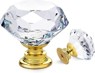 Ravinte 3 Pack Crystal Knobs for Cabinets 30 mm Knobs with Gold Base | Glass, Diamond Shape, Dresser Drawers, Easy Install, Screws Included, Modern Style
