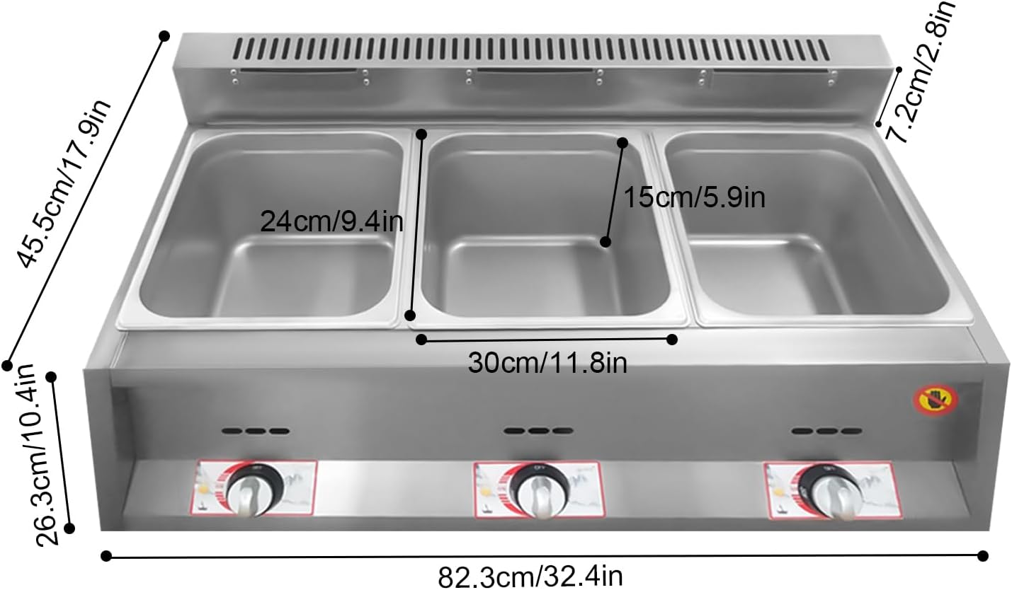 3-Pan Commercial Food Warmer, Stainless Steel Countertop Buffet Steam Heater Gas Food Soup Warmer Adjustable Temperature Foods Heating Pot with Lid for Kitchen Restaurant Canteens Banquet Halls