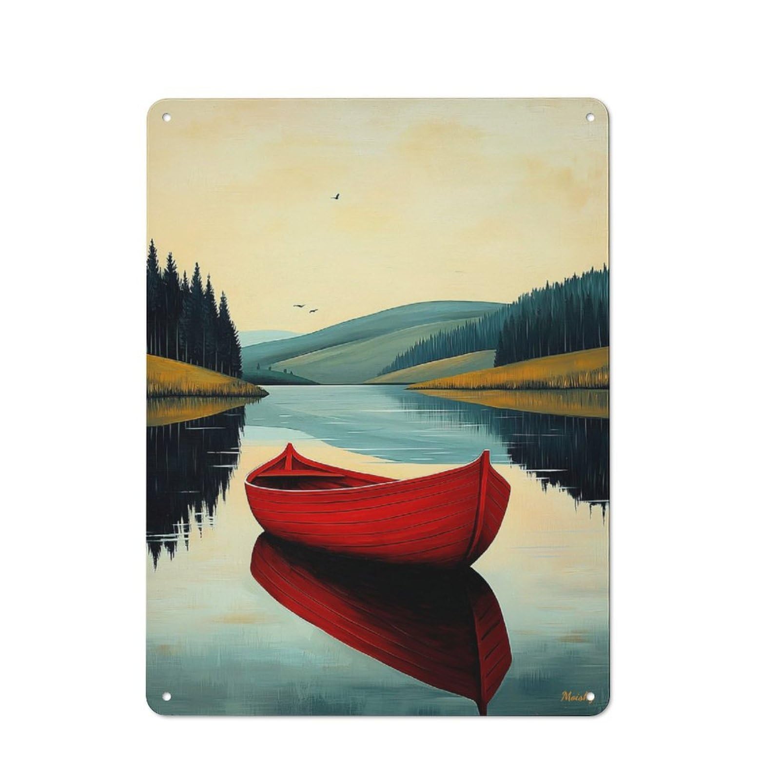 Junmoney Red Boat Reflection – Naïf Serene Lake Art Shed Metal Sign With Design 40X30cm, Outdoor Room Utility Space Decor For Greenhouse, Garden Room, Cafe Or Entryway