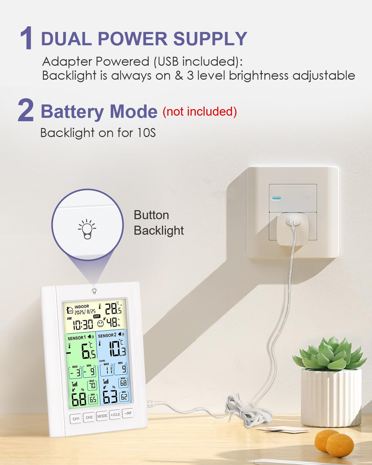Digitales Kühlschrankthermometer, Gefrierschrank Thermometer mit 2 Sensoren, LCD Farbbildschirm mit Alarm, Hintergrundlicht, Max/Min, Zeit Kalender, DST, ℃/℉, Dual-Power-Modus für Küche