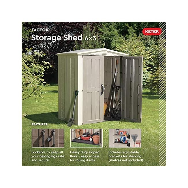 Keter Factor 6x3 Outdoor Storage Shed Furniture Garden Tools Bike Accessories Beach Chairs and Push Lawn Mower