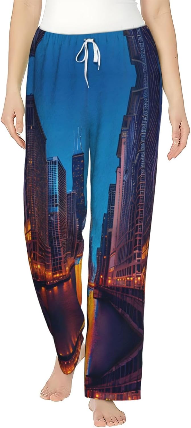 Chicago Night Print Cozy Christmas Pajama Pants,Flannel Pajama Bottoms,Cater To Various Body Types