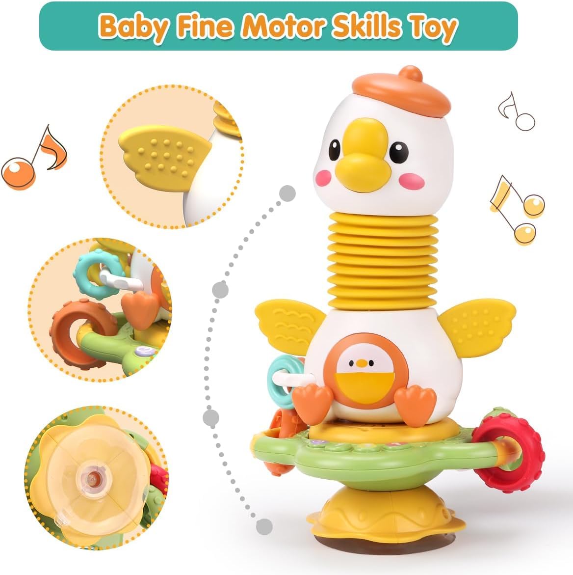 RUZARTH Goosey Giggles Baby Rattle Toy with Suction Cup - Musical Spinner Sensory Toy for High Chair & Table, Montessori Learning Toy for Babies 6-18 Months, Infant Activity Toy Best Gift for Kids 2