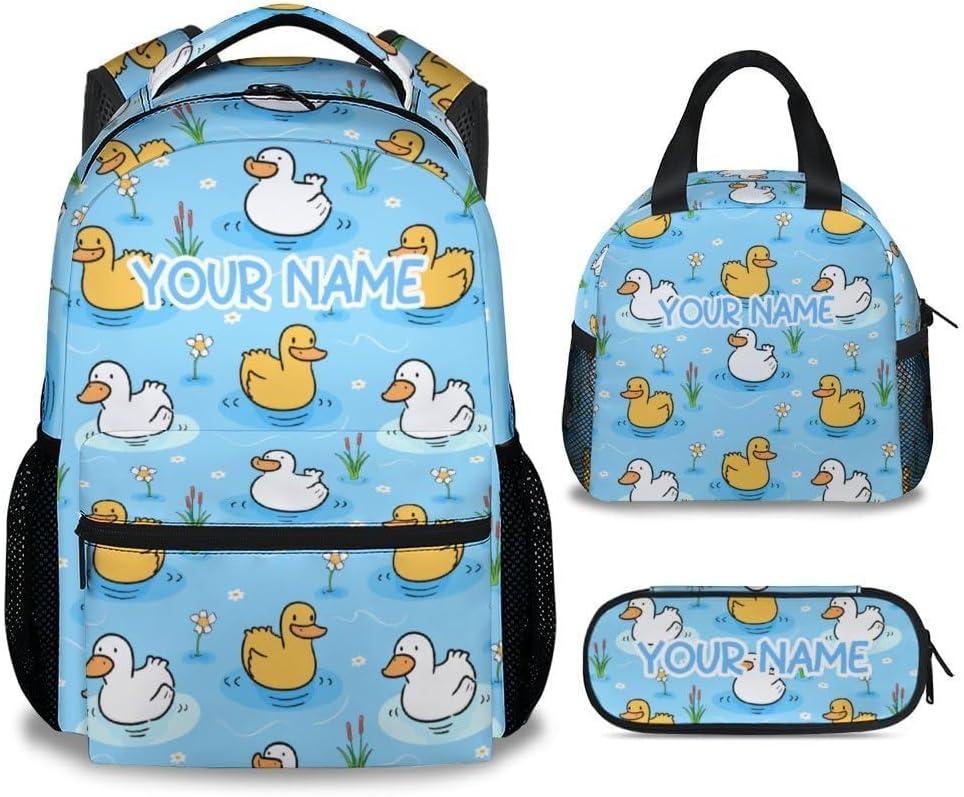 Custom Duck Kids Backpack with Lunch Box, Set of 3 School Backpacks Matching Combo, Cute Yellow Bookbag and Pencil Case Bundle
