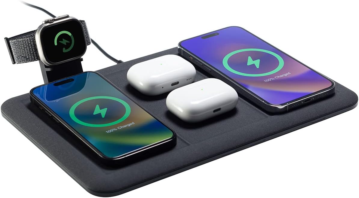 mophie 4-in-1 Wireless Charging Mat for Apple iPhone, AirPods & Watch, Samsung Galaxy, Google Pixel, and All Qi-Enabled Devices, Additional USB-A Port, Intuitive Design, Includes Apple Watch Adapter