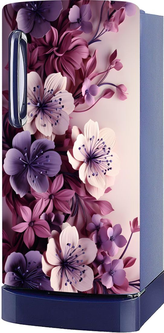 3D Floral Single Door Fridge Sticker | Waterproof Self-Adhesive Vinyl Refrigerator | Door Wrap for Kitchen Decor | Peel & Stick Fridge Sticker (24X48 Inch) (Purple Floral)
