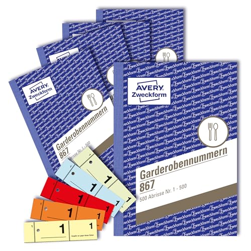 AVERY Zweckform 867-5 Garderobennummern (A6, 2.500 durchnummerierte Abrisse von 1-500 pro Block, je 100 Stück in einer anderen Farbe, 5 Blöcke mit je 500 Nummern) gelb, orange, rot, blau, grün