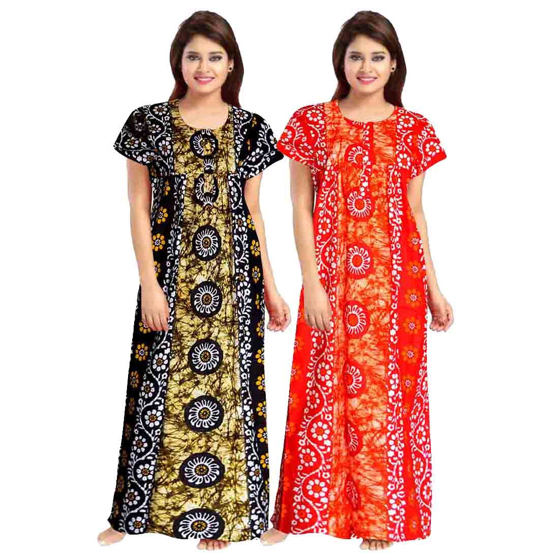 Trendy FabWomen's Cotton Block Print Maxi Nighty (ComboNT6881 XL Green,Red_Green & Red_XL)