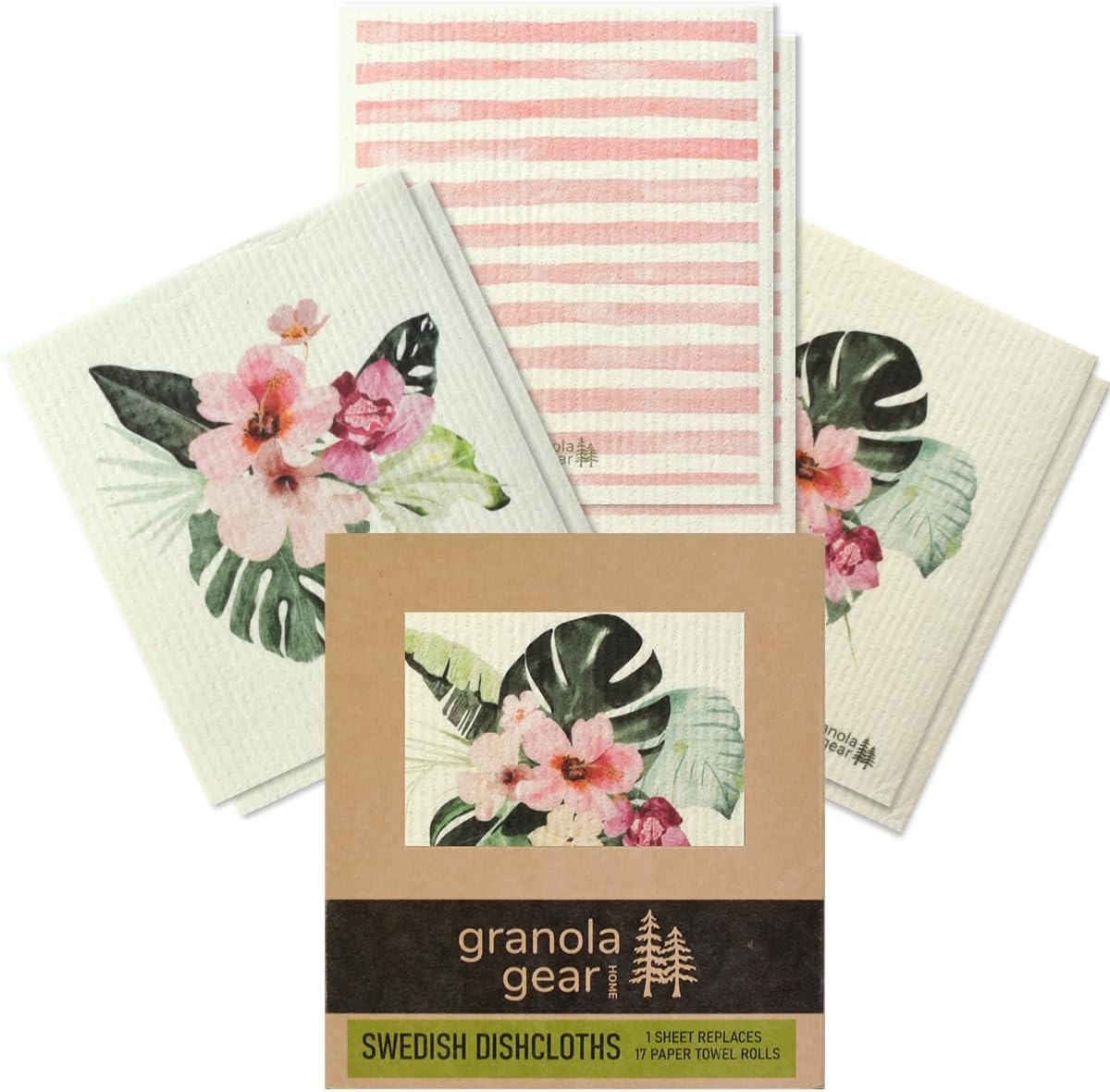 Swedish Dishcloths for Kitchen 6-Pack Reusable Paper Towels, Eco-Friendly, Compostable, Biodegradable Dish Wash Cloths, Washable Sponge, Watercolor Flower Art-Tropic Like It’s Hot