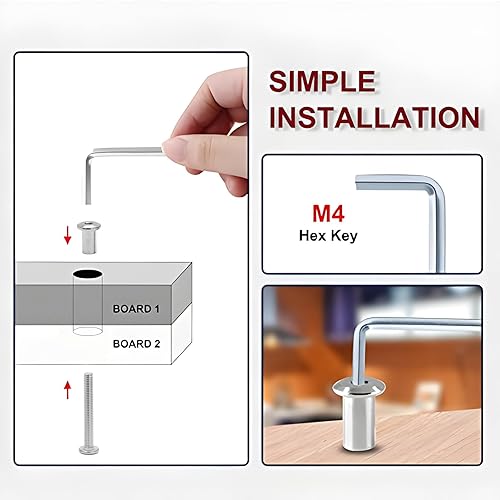 Vista 28 de 10 pares (20 piezas) M6 x 0.630 in Tornillo hexagonal con llave Allen, pernos de conector plateados para muebles, tornillos avellanados M6, tuercas