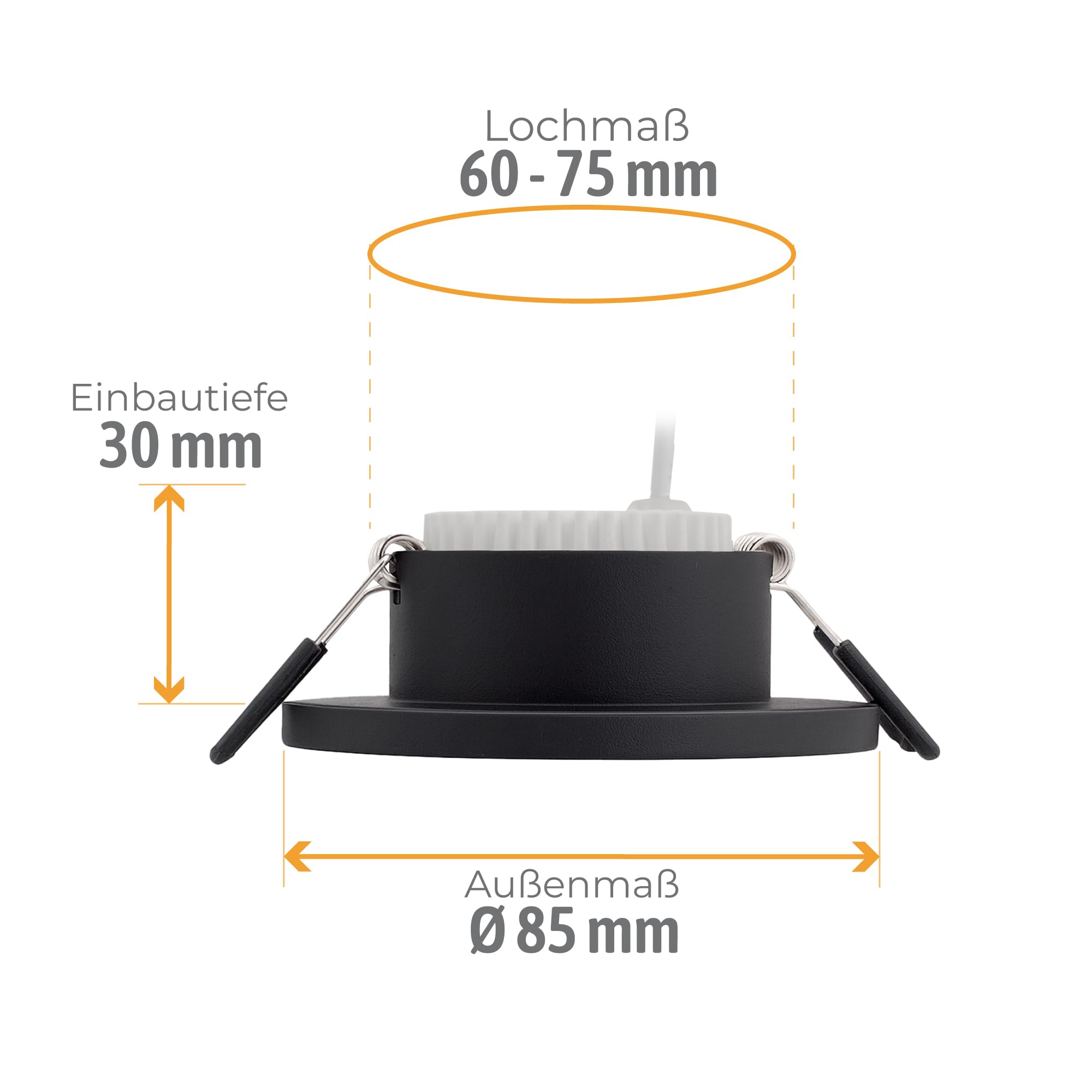 SSC-LUXon BEDA Einbaustrahler 6er Set schwarz IP65 GU10 5W 3 Lichtfarben | Sechs Deckenspots IP65 schwarz matt - warm / neutral / kalt, für Bad, Küche & Flur, blendfrei, inkl. GU10 LED