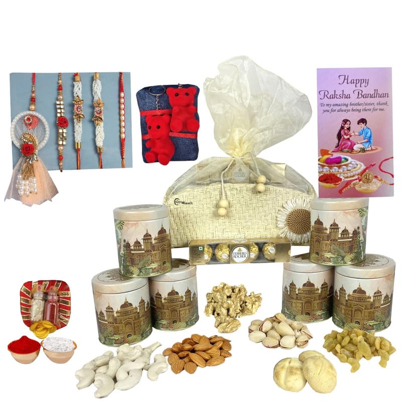 Image of NUTRI MIRACLE Rakhi Sibling Celebration Box with Almonds and Chocolates | Guest Return Gift Hamper of Dry Fruits and Gourmet Chocolates
