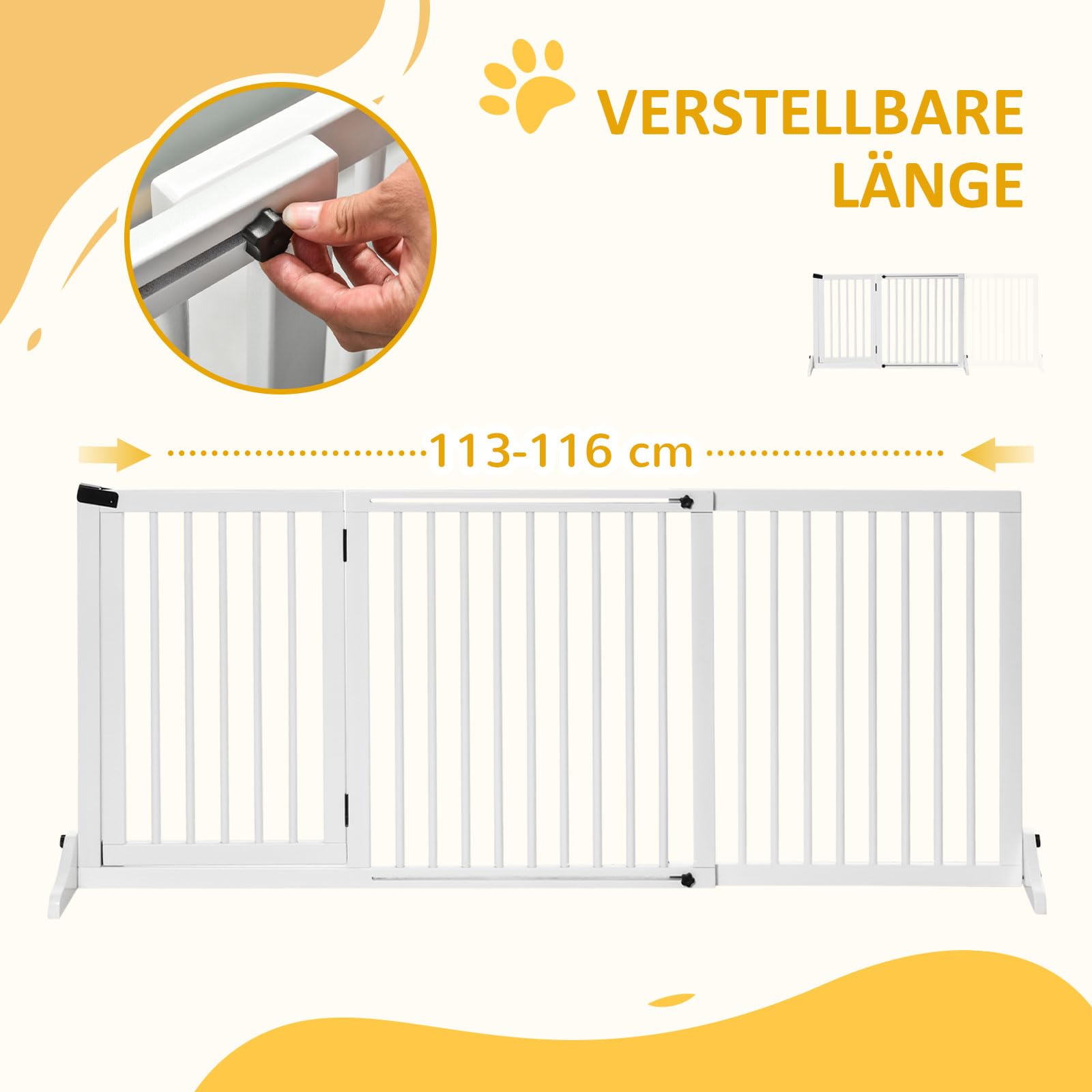 PawHut Absperrgitter Hund Freistehend Verstellbar 113-166 x 71 cm Weiß | Schutzgitter mit Füßen, Treppentürgitter Holz, Hundeabsperrgitter, für Treppen Türen Küche Flur, 3 Paneelen