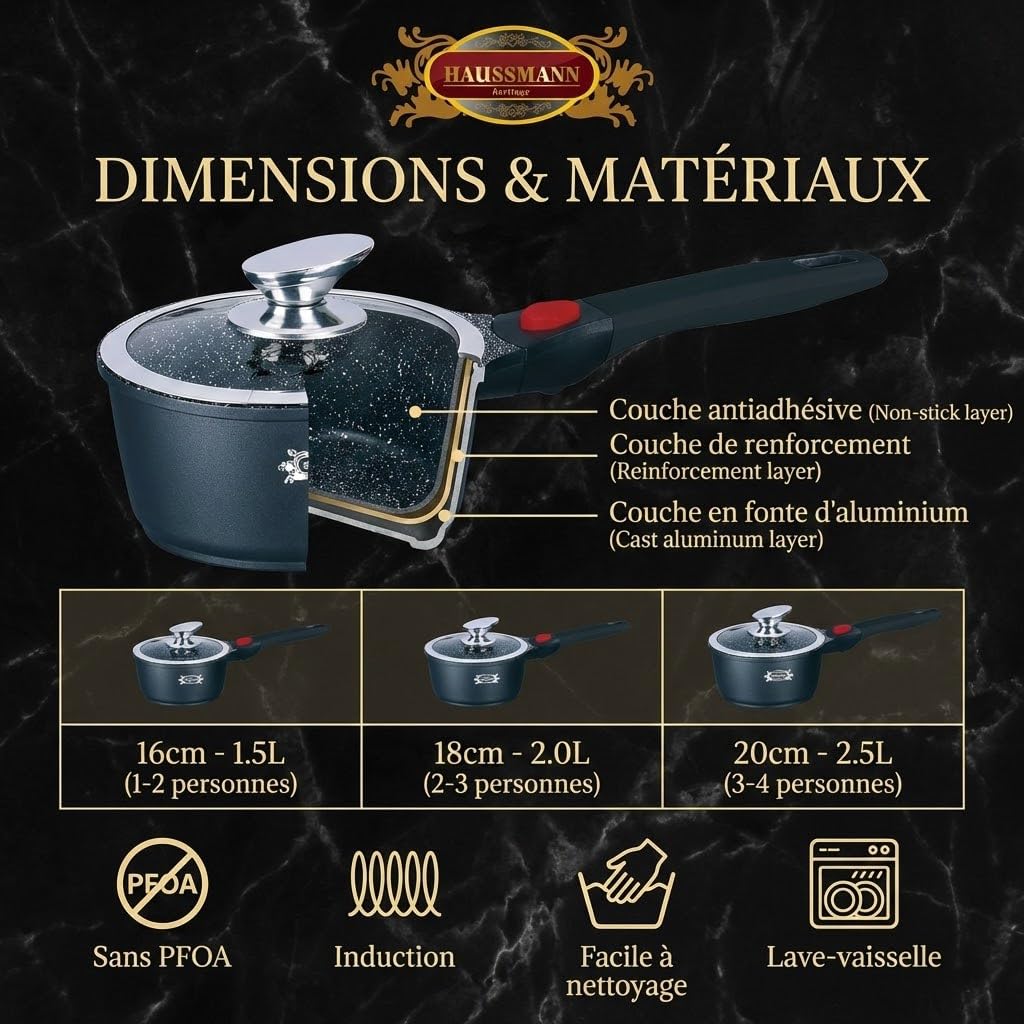 HAUSSMANN heritage-Série de 3 Casseroles 16/18/20 cm Manche Amovible