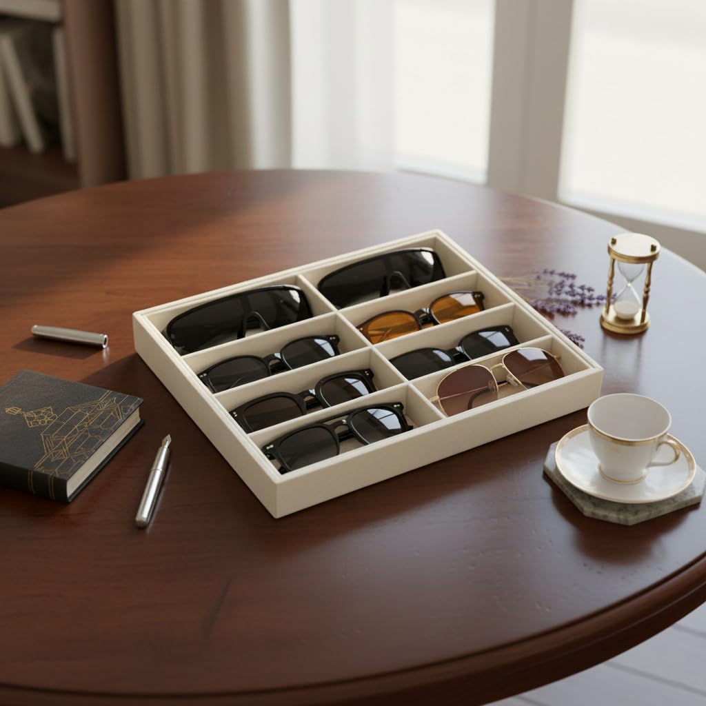 Velvet Sunglass Organizer Tray – 8-Slot Glasses Holder (2 Large, 6 Std), Stackable Organizer for Drawer or Desktop