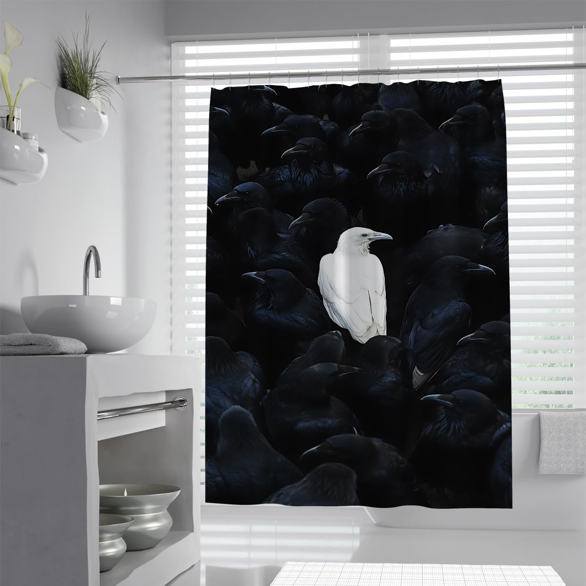 UIRINGART Gothic Crow Shower Stall Liners W200xL220cm Waterproof Mildew Resistant Unique White Raven Black Birds Flock Fabric Bath Curtains Rustproof Grommets Tub Screen