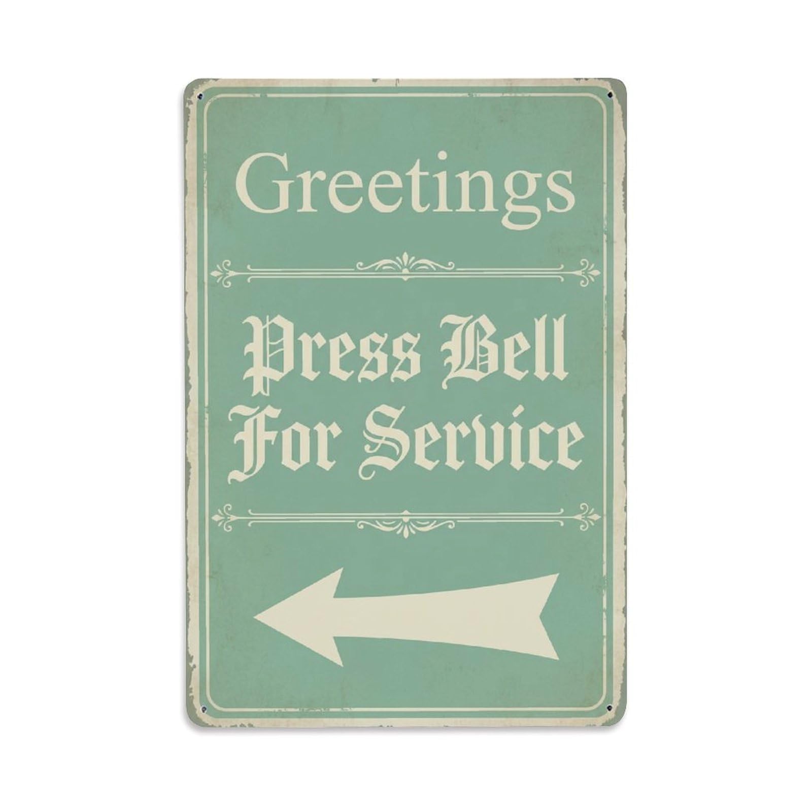 Vintage Greetings Press Bell For Service Arrow Border Metal Tin Sign