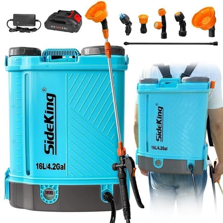 SideKing Knapsack Sprayer 16L, Electric Garden Sprayer Compatible with Makita 18V, Telescopic Wand, 5 Nozzles, 100 PSI Powerful Pressure Sprayer for Gardens, Lawns, Patios, Driveways(Battery Inc)