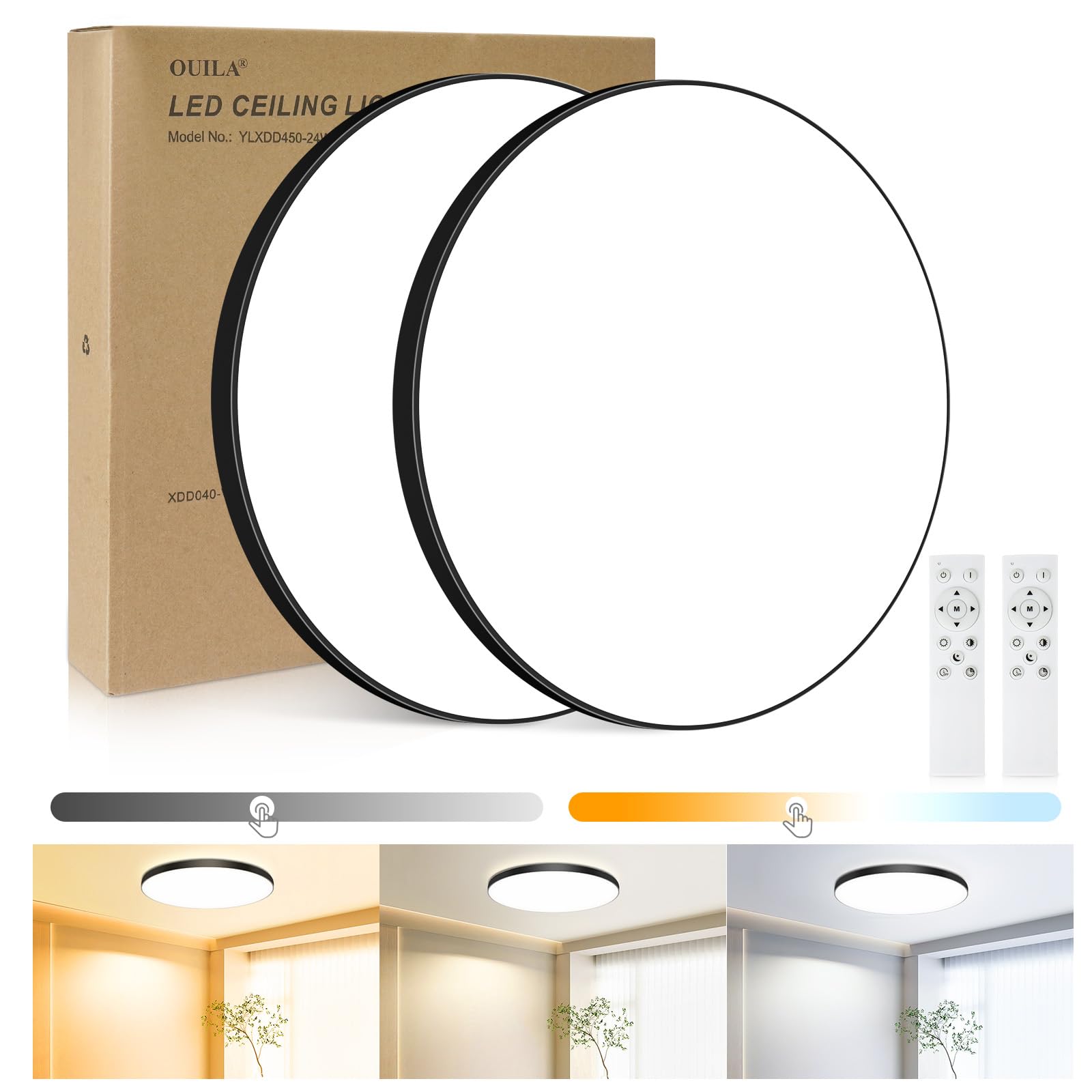 OUILA Plafoniera LED Soffitto Dimmerabile [2 Pezzi], 24W Lampada da Soffitto con Telecomando 3000K-6500K Plafoniera Bagno IP44 Impermeabile Ø28CM 2000LM Lampadario LED per Cameretta, Cucina, Soggiorno