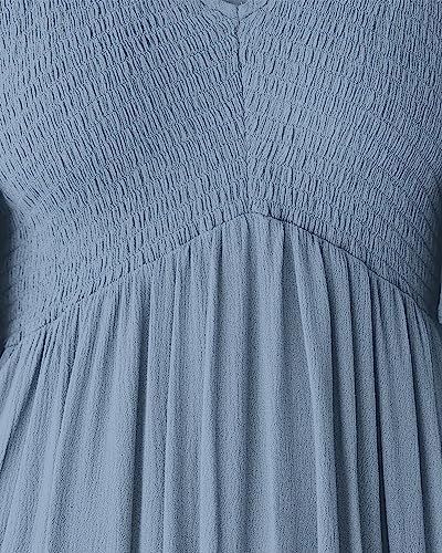 Pygfemr Women's Summer Empire Waist Dress Smocked Short Puff Sleeve V Neck Midi Dresses Sky Blue L #TOP3