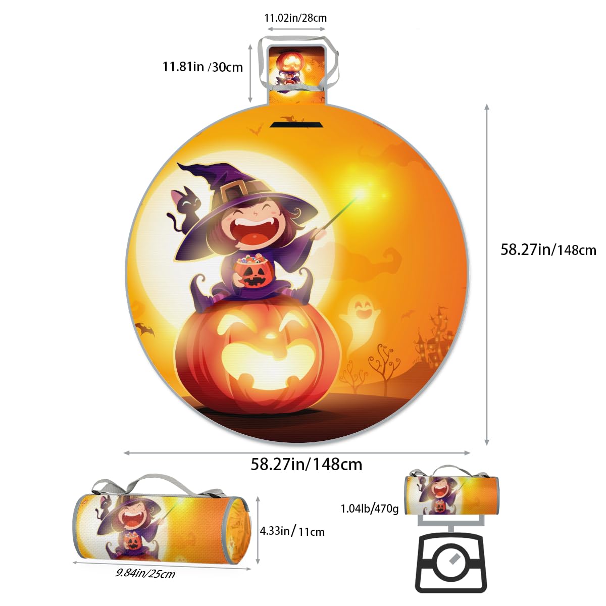 Shimoshe Halloween Little Witch Pumpkin Picnic Outdoor Blanket Foldable Waterproof Sandproof Beach Blanket Portable Water-Resistant Round Picnic Mat for Travel Camping Park Lawn