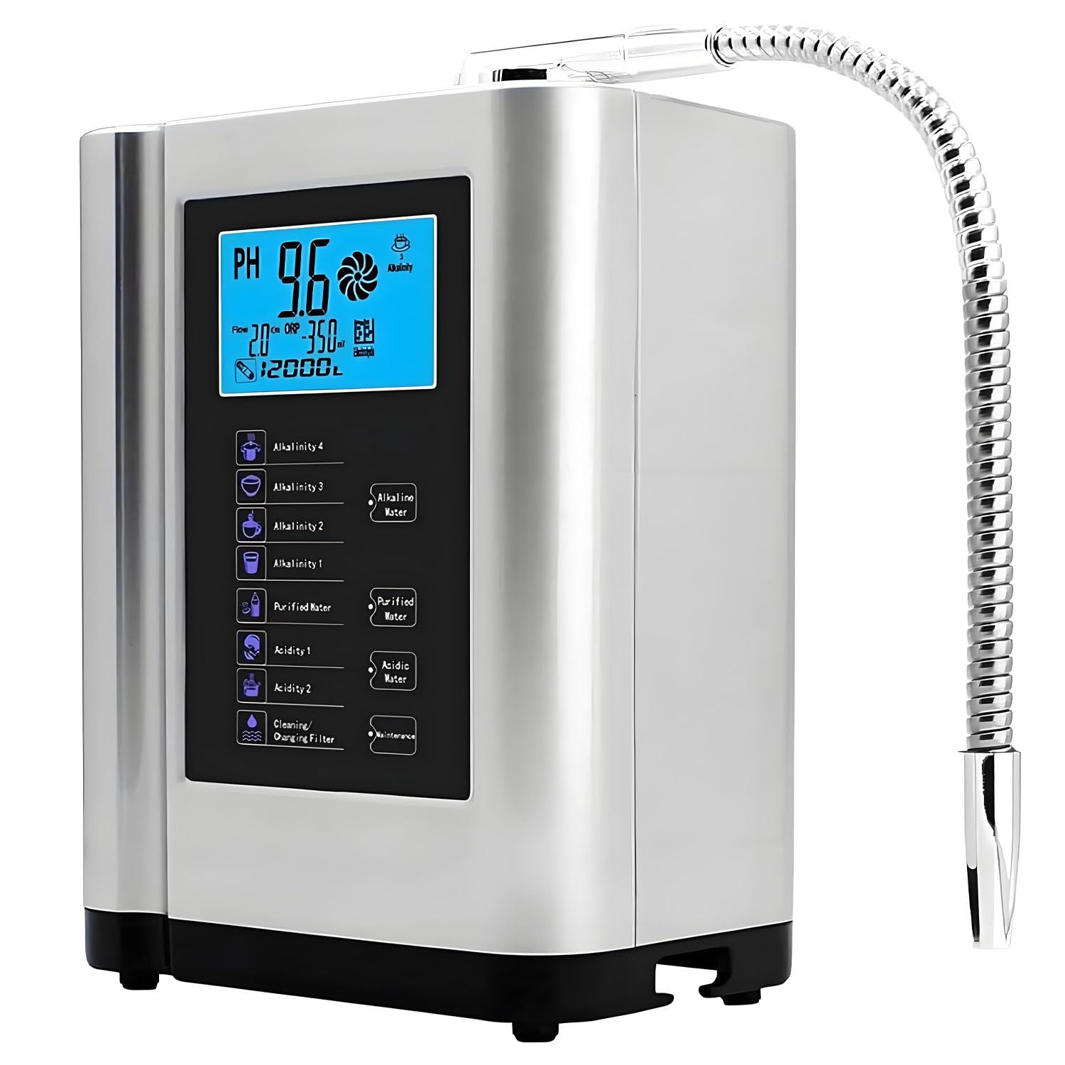 Ionizzatore d'acqua per uso domestico, PH 3,5-10,5, macchina per acqua alcalina, ORP fino a -500 mV, con 7 impostazioni dell'acqua, 8000 litri per filtro, pulizia automatica, voce intelligente Silver