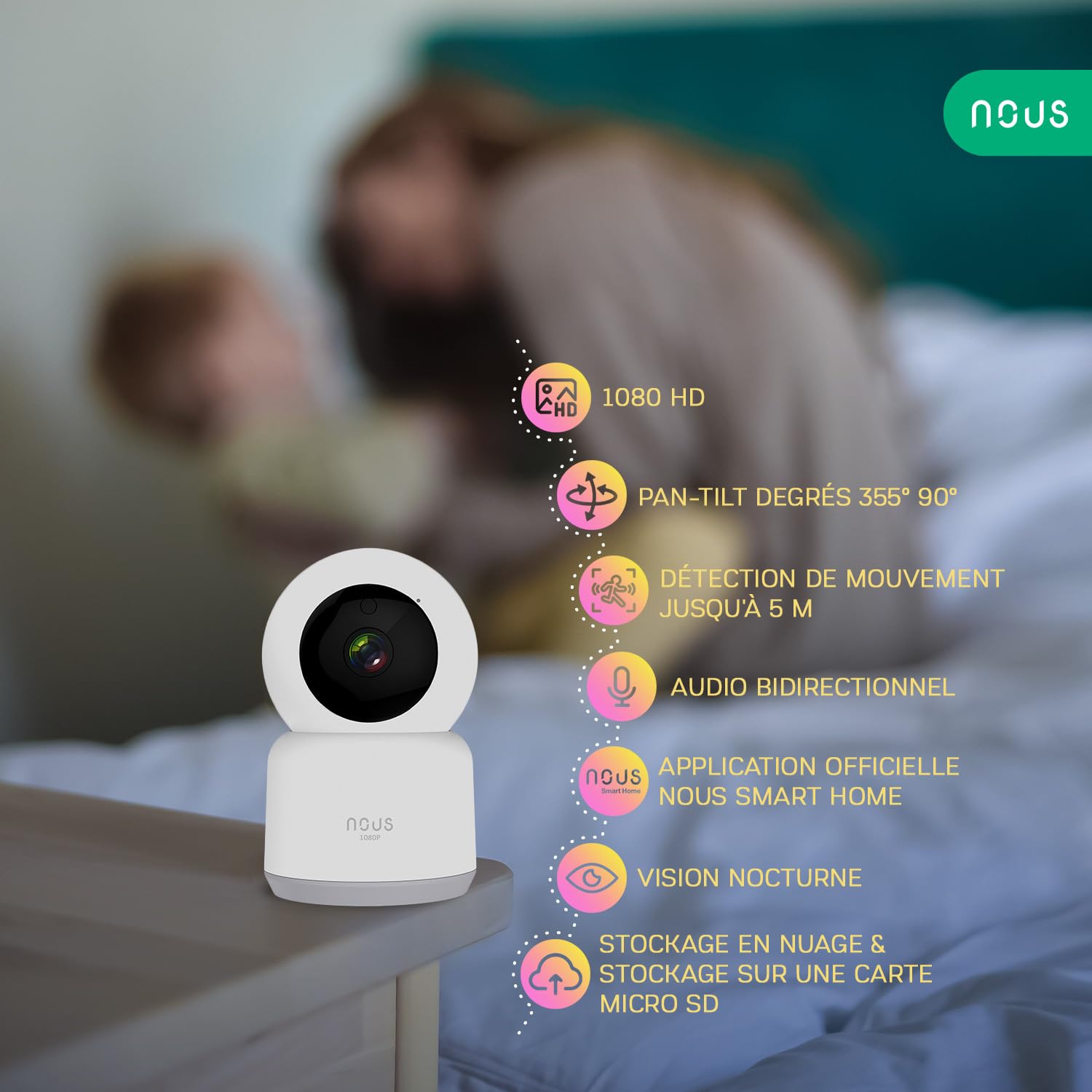 Caméra WiFi Nous W2, caméra de Surveillance intérieure Wi-FI, caméra pour Chien, caméra pour bébé, caméra de sécurité intérieure pour Animaux, Tuya Smart Life, Seulement 2,4 GHz