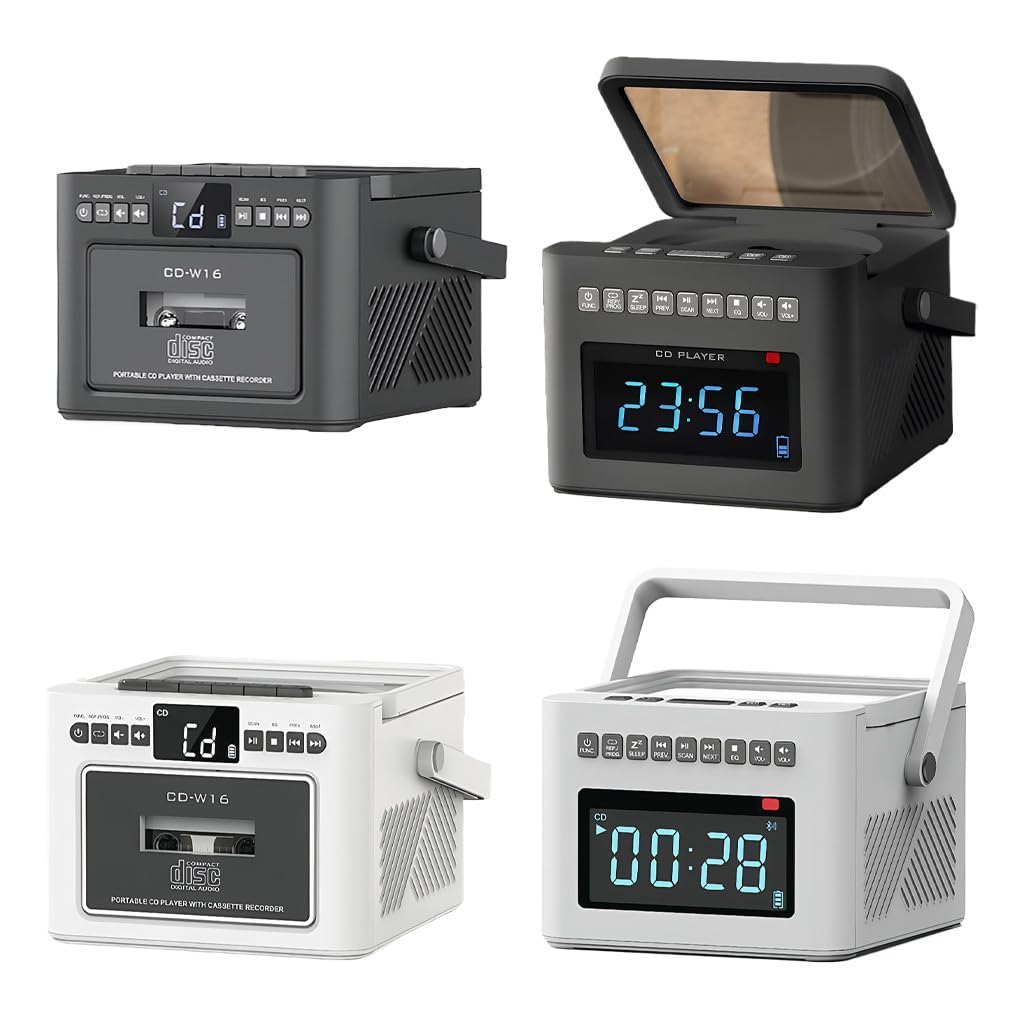 Lettore CD con Bluetooth e doppi altoparlanti, schede TF, modalità unità USB, telecomando, radio FM, AUXS 11H Ultras Long, bianco, Nessuna funzione nastro